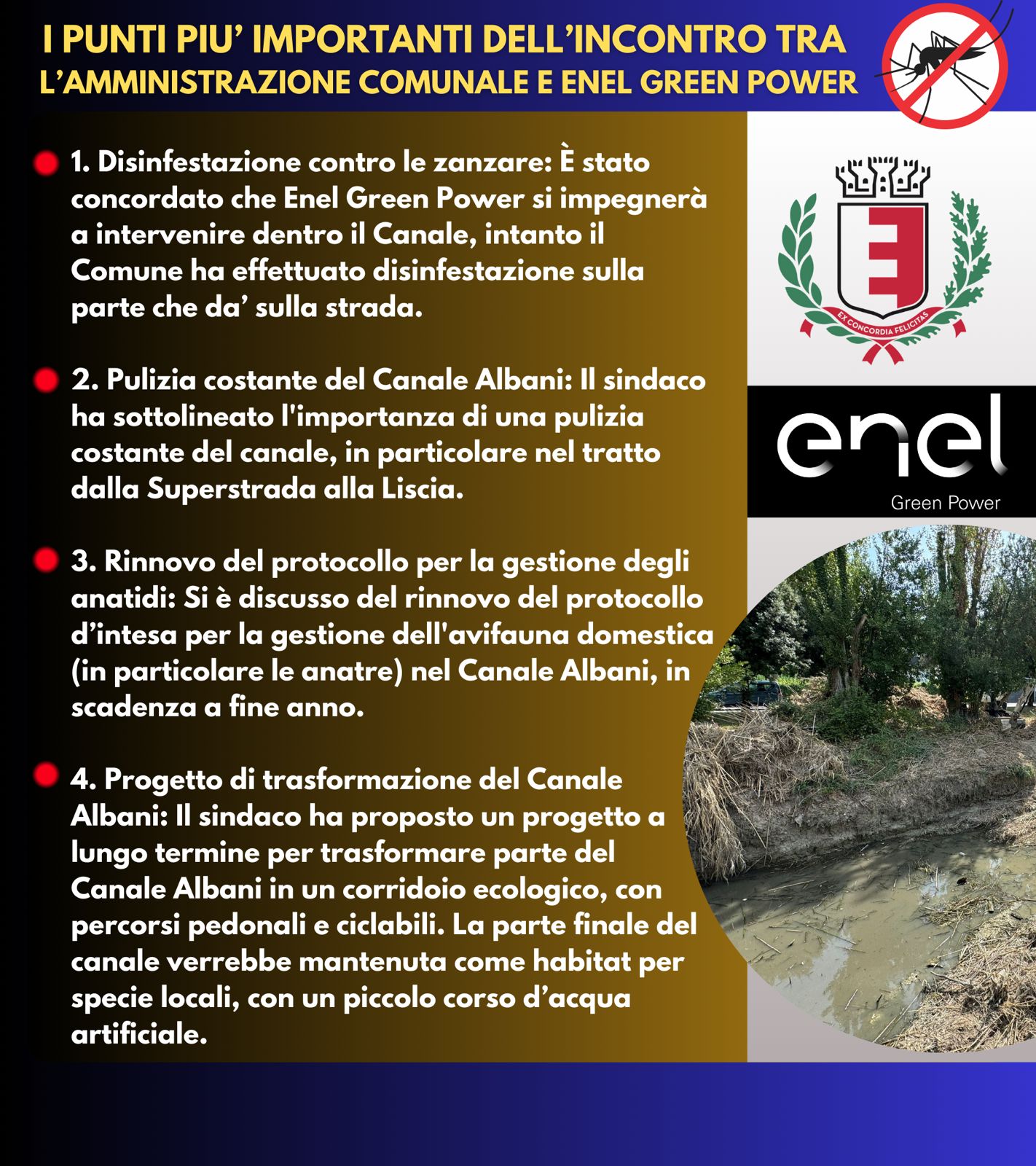 Disinfestazione zanzara, cura del verde, protocollo gestione anatidi e futuro del Canale Albani: positivo incontro tra l’amministrazione comunale ed Enel Green Power 