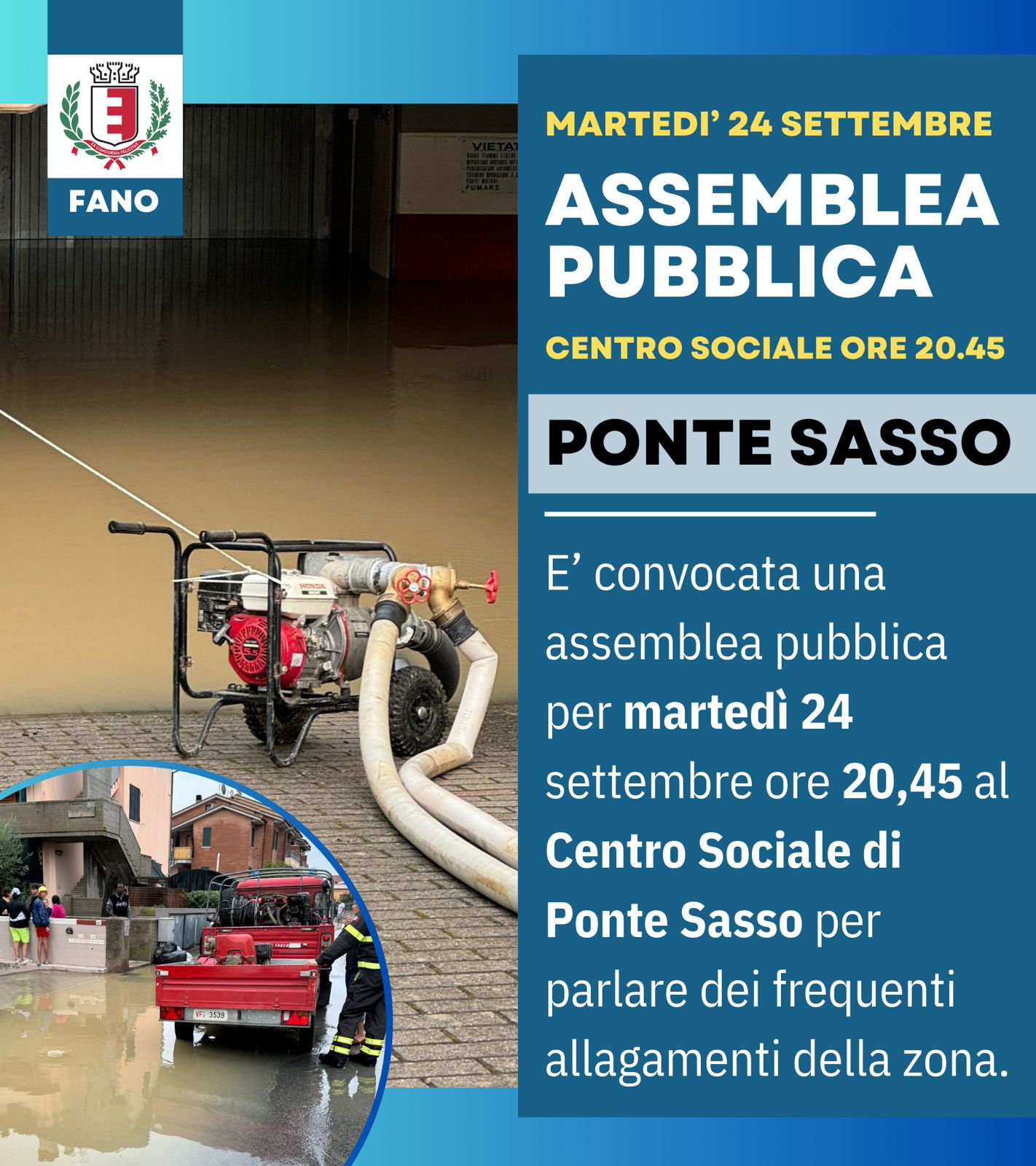 giunta di Fano ha deciso di convocare una assemblea pubblica per affrontare il problema insieme ai cittadini. L’incontro si terrà martedì 24 settembre alle ore 20:45 al Centro Sociale di Ponte Sasso. 